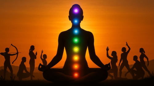सूर्यास्त के समय ध्यान में बैठा व्यक्ति जिसके शरीर में सातों चक्र सक्रिय रूप में प्रकाशित हैं, आसपास योग मुद्रा में अन्य व्यक्ति।