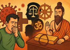 "एक बीमार व्यक्ति, वायरस और धार्मिक प्रतीकों के बीच; एक ऋषि कर्म दोष और मंत्र चिकित्सा द्वारा रोग निवारण का आशीर्वाद देते हुए।"
