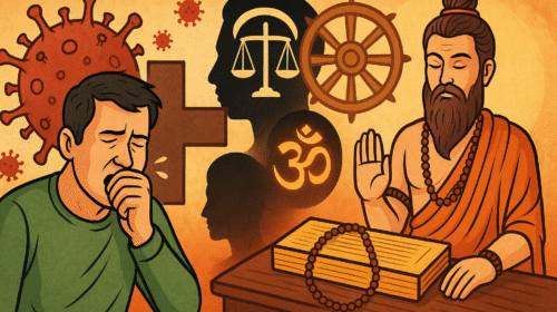 "एक बीमार व्यक्ति, वायरस और धार्मिक प्रतीकों के बीच; एक ऋषि कर्म दोष और मंत्र चिकित्सा द्वारा रोग निवारण का आशीर्वाद देते हुए।"