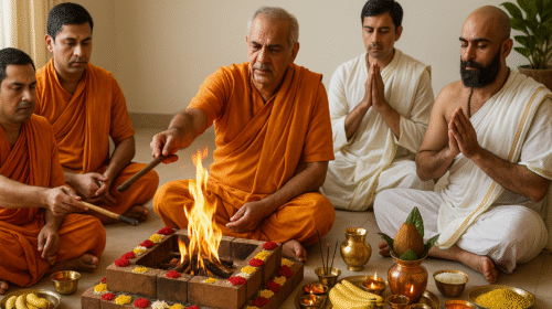 पंडितों द्वारा वैदिक विधि से घर में यज्ञ करते हुए – सुख और शांति के लिए पारंपरिक हवन अनुष्ठान