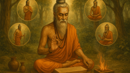 "प्राचीन ऋषि ध्यान, योग और आयुर्वेदिक जीवनशैली का पालन करते हुए – दीर्घायु और रोगमुक्त जीवन की प्रतीक छवि"