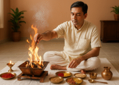 एक व्यक्ति घर पर वैदिक विधि से यज्ञ करते हुए, अग्नि चिकित्सा द्वारा रोग निवारण