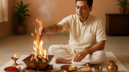 एक व्यक्ति घर पर वैदिक विधि से यज्ञ करते हुए, अग्नि चिकित्सा द्वारा रोग निवारण