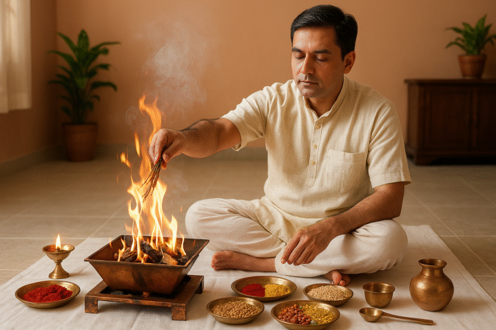 एक व्यक्ति घर पर वैदिक विधि से यज्ञ करते हुए, अग्नि चिकित्सा द्वारा रोग निवारण