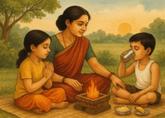 माँ अपने बच्चों के साथ वैदिक दिनचर्या का पालन करते हुए – एक बच्चा प्रार्थना में लीन, दूसरा पौष्टिक पेय पीते हुए, पास में अग्निहोत्र यज्ञ।