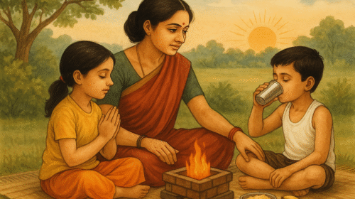माँ अपने बच्चों के साथ वैदिक दिनचर्या का पालन करते हुए – एक बच्चा प्रार्थना में लीन, दूसरा पौष्टिक पेय पीते हुए, पास में अग्निहोत्र यज्ञ।