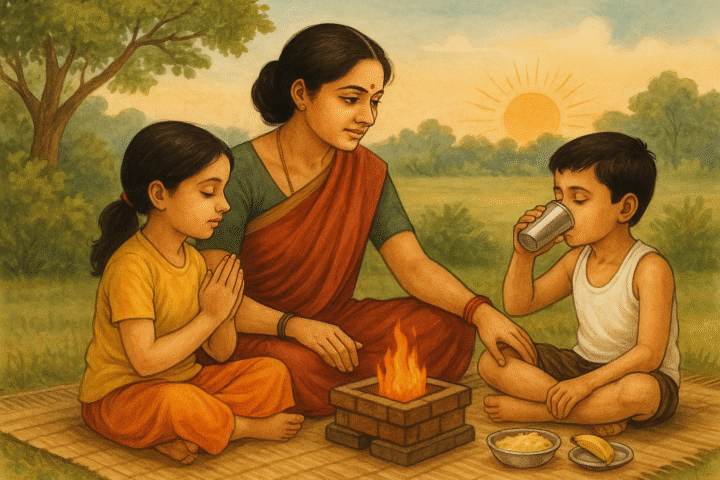 माँ अपने बच्चों के साथ वैदिक दिनचर्या का पालन करते हुए – एक बच्चा प्रार्थना में लीन, दूसरा पौष्टिक पेय पीते हुए, पास में अग्निहोत्र यज्ञ।