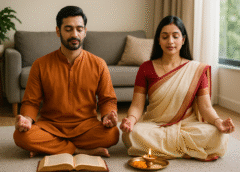 पति-पत्नी वैदिक मंत्रों के साथ ध्यान करते हुए – वैवाहिक संबंध सुधारने के लिए एक साथ साधना करते हुए युगल।
