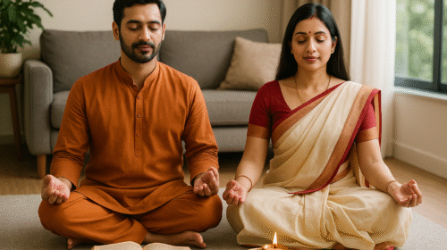 पति-पत्नी वैदिक मंत्रों के साथ ध्यान करते हुए – वैवाहिक संबंध सुधारने के लिए एक साथ साधना करते हुए युगल।