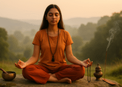 प्राकृतिक वातावरण में ध्यान मुद्रा में बैठी महिला, हाथ में माला और सामने धूप जल रही है — वैदिक साधना और तनाव मुक्ति का दृश्य।