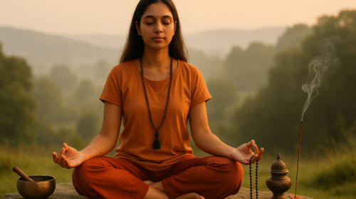 प्राकृतिक वातावरण में ध्यान मुद्रा में बैठी महिला, हाथ में माला और सामने धूप जल रही है — वैदिक साधना और तनाव मुक्ति का दृश्य।