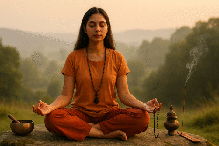 प्राकृतिक वातावरण में ध्यान मुद्रा में बैठी महिला, हाथ में माला और सामने धूप जल रही है — वैदिक साधना और तनाव मुक्ति का दृश्य।