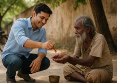 एक युवा व्यक्ति एक वृद्ध गरीब व्यक्ति को दान देता हुआ – करुणा और अच्छे कर्म का प्रतीक दृश्य।