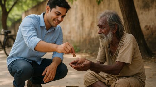एक युवा व्यक्ति एक वृद्ध गरीब व्यक्ति को दान देता हुआ – करुणा और अच्छे कर्म का प्रतीक दृश्य।