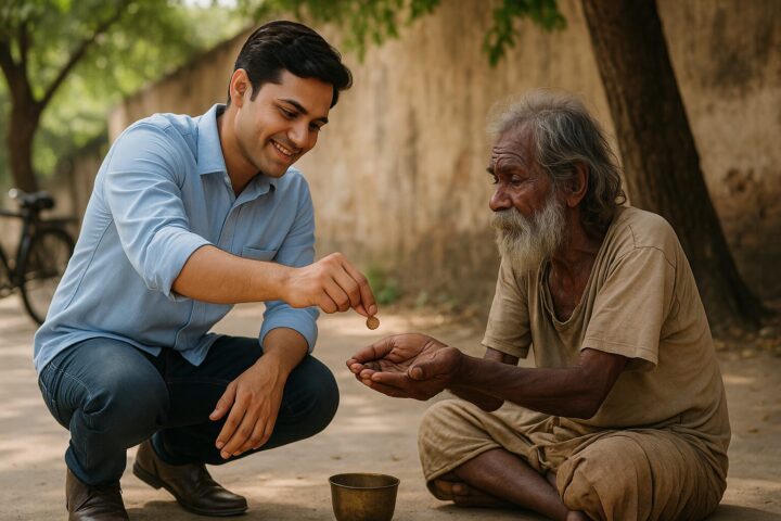 एक युवा व्यक्ति एक वृद्ध गरीब व्यक्ति को दान देता हुआ – करुणा और अच्छे कर्म का प्रतीक दृश्य।