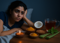 एक चिंतित महिला बिस्तर पर लेटी हुई है, पास में वैदिक जड़ी-बूटियाँ और प्राकृतिक उपचार सामग्री जैसे हल्दी, एलोवेरा, नारियल, मेथी, हर्बल चाय और एक जलती हुई दीपक रखे हैं।