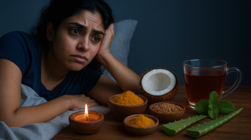 एक चिंतित महिला बिस्तर पर लेटी हुई है, पास में वैदिक जड़ी-बूटियाँ और प्राकृतिक उपचार सामग्री जैसे हल्दी, एलोवेरा, नारियल, मेथी, हर्बल चाय और एक जलती हुई दीपक रखे हैं।