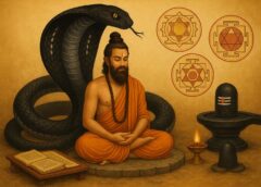 ऋषि ध्यान मुद्रा में शिवलिंग के सामने, कालसर्प योग प्रतीक और वैदिक यंत्रों के साथ