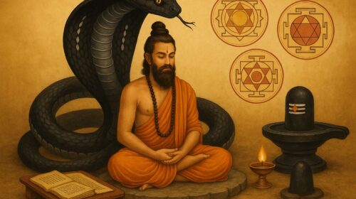 ऋषि ध्यान मुद्रा में शिवलिंग के सामने, कालसर्प योग प्रतीक और वैदिक यंत्रों के साथ