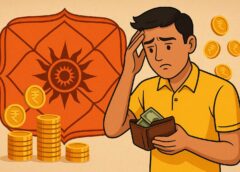 कुंडली दोष के कारण धन हानि से चिंतित व्यक्ति और उपायों के प्रतीक रूप में दर्शाया गया चित्र।