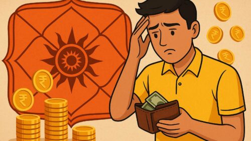 कुंडली दोष के कारण धन हानि से चिंतित व्यक्ति और उपायों के प्रतीक रूप में दर्शाया गया चित्र।