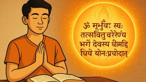 "एक युवती ध्यान और पढ़ाई के माध्यम से गायत्री मंत्र के स्मरण शक्ति बढ़ाने वाले प्रभाव का अनुभव करती हुई, पास में वैदिक ग्रंथ, दीपक और रुद्राक्ष की माला रखी हुई है।"