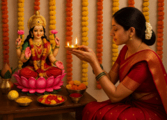 सज-धज कर महिला द्वारा गृहलक्ष्मी की विधिवत पूजा, दीप अर्पण करते समय