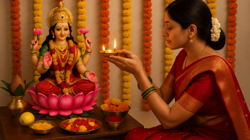 सज-धज कर महिला द्वारा गृहलक्ष्मी की विधिवत पूजा, दीप अर्पण करते समय