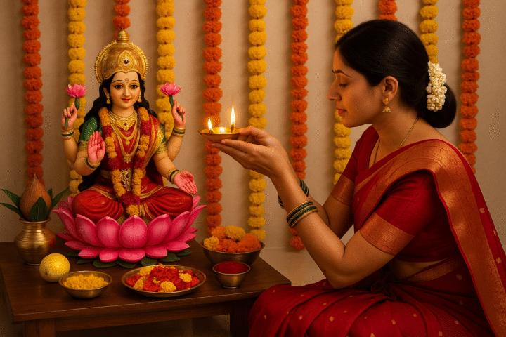 सज-धज कर महिला द्वारा गृहलक्ष्मी की विधिवत पूजा, दीप अर्पण करते समय