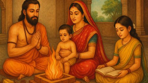 एक वैदिक परिवार हवन करते हुए, जिसमें पिता, माता, बच्चे और धार्मिक ग्रंथ सम्मिलित हैं।