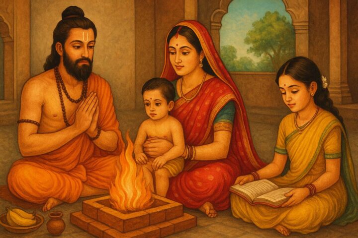 एक वैदिक परिवार हवन करते हुए, जिसमें पिता, माता, बच्चे और धार्मिक ग्रंथ सम्मिलित हैं।