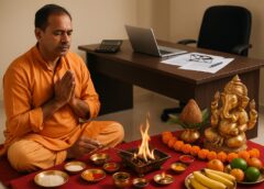 गणेश मूर्ति और यज्ञ हवन के साथ ग्रह शांति पूजा करता हुआ व्यक्ति – व्यापार में बरकत के लिए पूजा