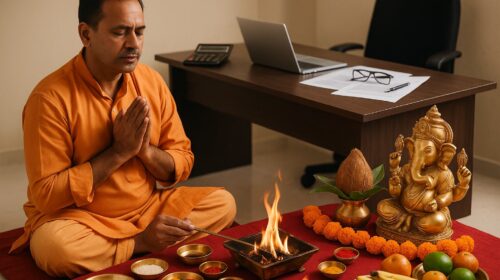 गणेश मूर्ति और यज्ञ हवन के साथ ग्रह शांति पूजा करता हुआ व्यक्ति – व्यापार में बरकत के लिए पूजा