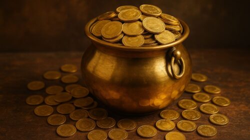 सोने के सिक्कों से भरा पीतल का कलश जो धन और समृद्धि का प्रतीक है।