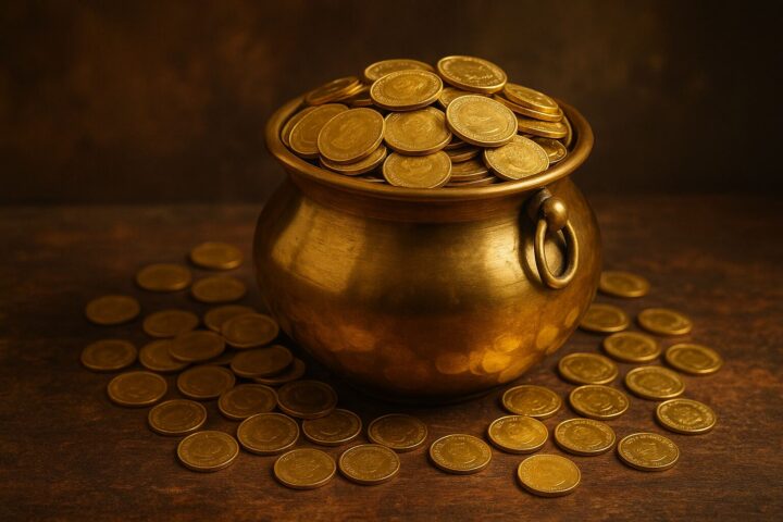 सोने के सिक्कों से भरा पीतल का कलश जो धन और समृद्धि का प्रतीक है।