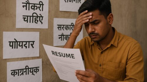 रिज़्यूमे के साथ चिंतित युवक जो नौकरी की तलाश में है – बेरोजगारी से मुक्ति के उपायों की खोज में