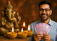"व्यापार में लाभ के लिए बुधवार को चमत्कारी उपाय करते हुए व्यक्ति, हाथ में धन के साथ भगवान गणेश की मूर्ति और दीपक"