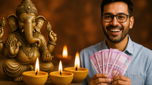 "व्यापार में लाभ के लिए बुधवार को चमत्कारी उपाय करते हुए व्यक्ति, हाथ में धन के साथ भगवान गणेश की मूर्ति और दीपक"