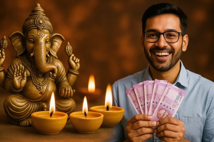 "व्यापार में लाभ के लिए बुधवार को चमत्कारी उपाय करते हुए व्यक्ति, हाथ में धन के साथ भगवान गणेश की मूर्ति और दीपक"
