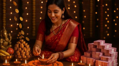 धनवर्षा के लिए दीपावली पर लक्ष्मी पूजन करते हुए महिला, चारों ओर दीये, सिक्के और नोटों के ढेर