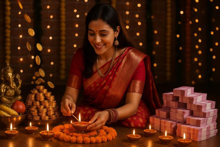 धनवर्षा के लिए दीपावली पर लक्ष्मी पूजन करते हुए महिला, चारों ओर दीये, सिक्के और नोटों के ढेर