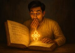 "आश्चर्यचकित व्यक्ति प्राचीन ग्रंथ से निकलते दिव्य मंत्र को देखता हुआ – रहस्यमय शक्तिशाली अनुभव"