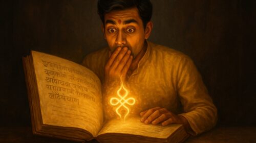 "आश्चर्यचकित व्यक्ति प्राचीन ग्रंथ से निकलते दिव्य मंत्र को देखता हुआ – रहस्यमय शक्तिशाली अनुभव"