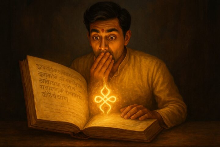 "आश्चर्यचकित व्यक्ति प्राचीन ग्रंथ से निकलते दिव्य मंत्र को देखता हुआ – रहस्यमय शक्तिशाली अनुभव"
