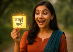 हैरान महिला हाथ में 'जादुई शब्द' वाला चमकता कार्ड पकड़े हुए – सकारात्मक परिवर्तन का प्रतीक।