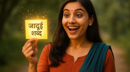 हैरान महिला हाथ में 'जादुई शब्द' वाला चमकता कार्ड पकड़े हुए – सकारात्मक परिवर्तन का प्रतीक।