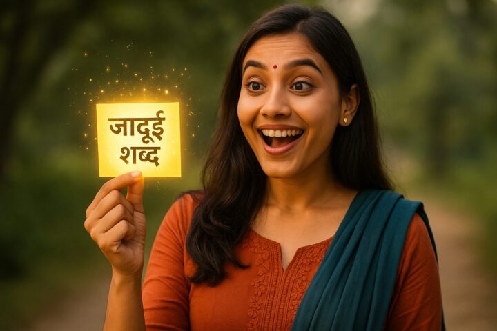 हैरान महिला हाथ में 'जादुई शब्द' वाला चमकता कार्ड पकड़े हुए – सकारात्मक परिवर्तन का प्रतीक।
