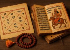 वेदों और जन्मपत्री के साथ रखी गई रुद्राक्ष माला और प्राचीन ग्रंथ, जो भविष्यवाणी और ज्योतिषीय रहस्यों को दर्शाते हैं।
