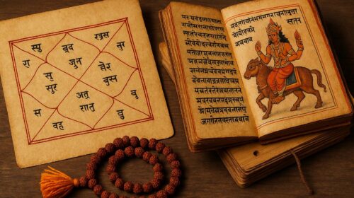 वेदों और जन्मपत्री के साथ रखी गई रुद्राक्ष माला और प्राचीन ग्रंथ, जो भविष्यवाणी और ज्योतिषीय रहस्यों को दर्शाते हैं।