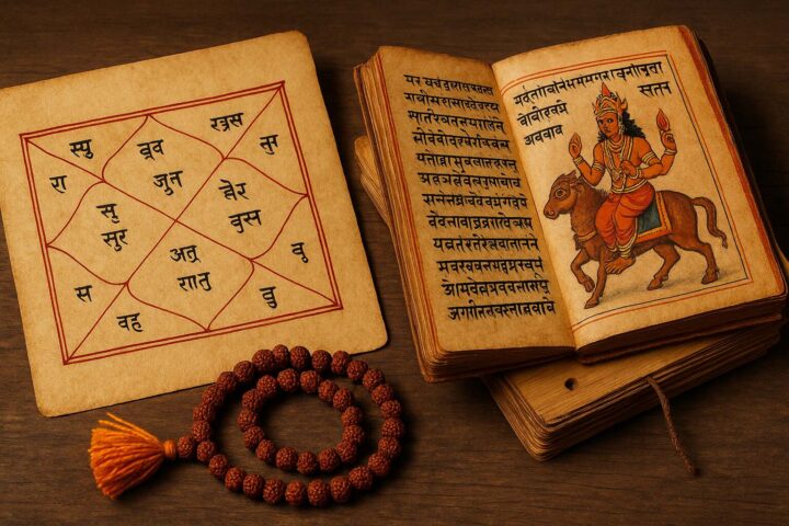 वेदों और जन्मपत्री के साथ रखी गई रुद्राक्ष माला और प्राचीन ग्रंथ, जो भविष्यवाणी और ज्योतिषीय रहस्यों को दर्शाते हैं।